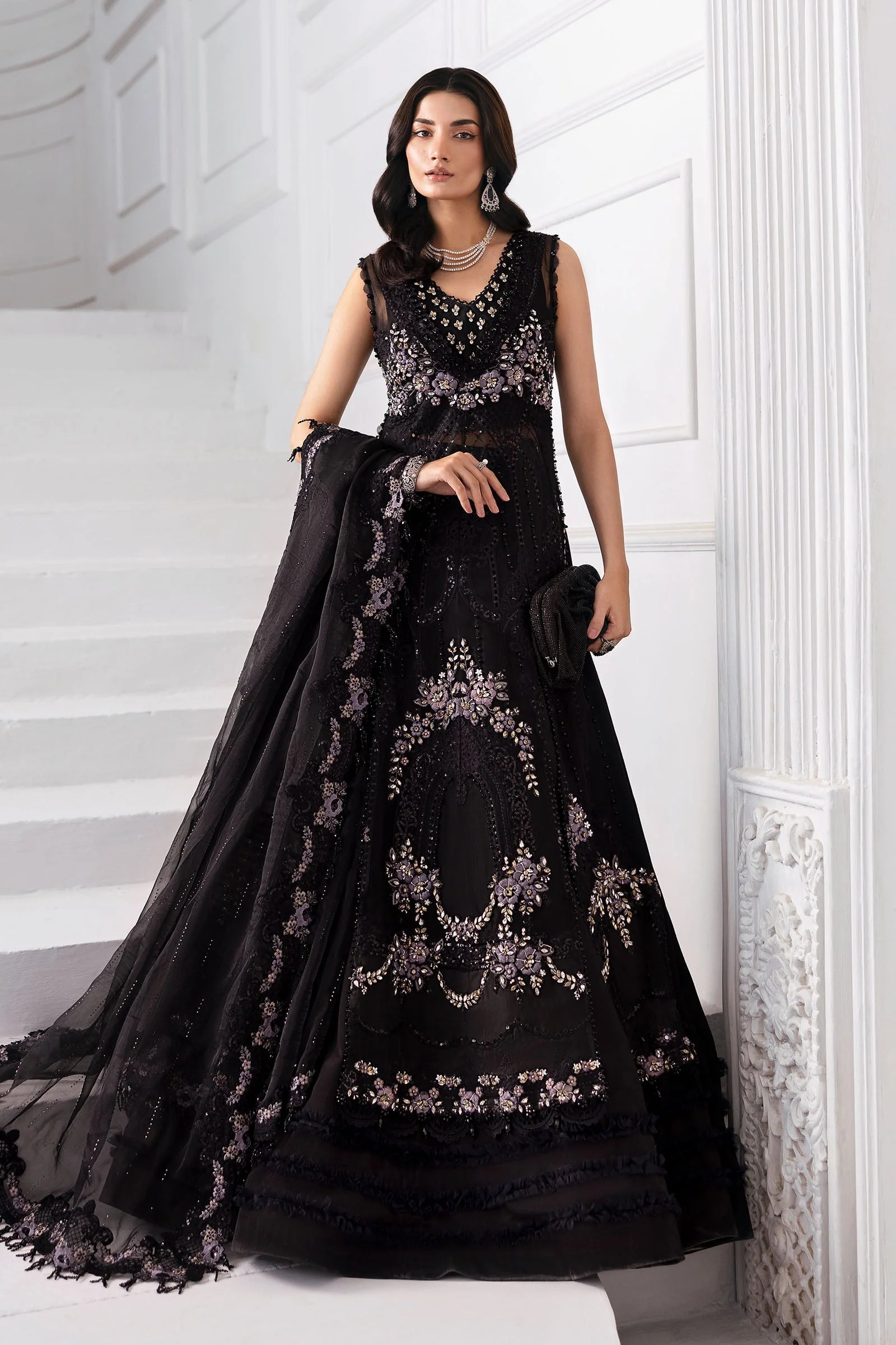 3 Piece Unstitched Embroidered Organza MC BLACK pakistani fashion…